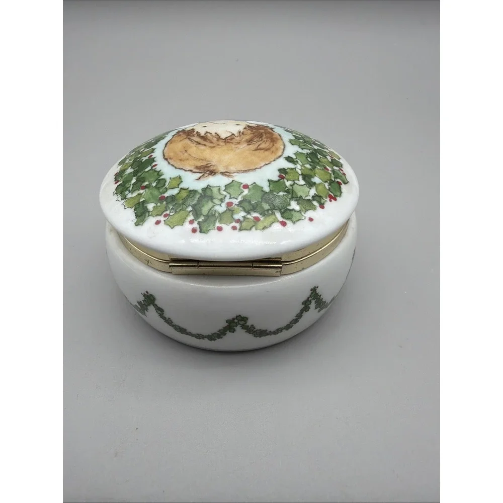 Vintage 1990 Enesco Krinka Boy Angel Round Hinged  Porcelain Trinket Box
